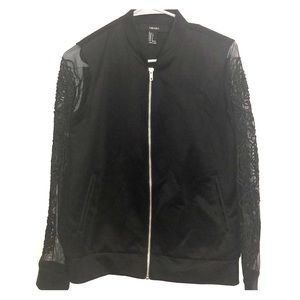 Black Silk zip up sweater with lace sleeves